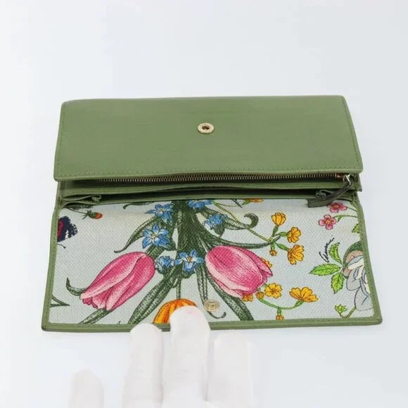 GUCCI Flora Continental Wallet Leather Green Wallets